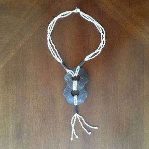 White Bead and Wood Necklace